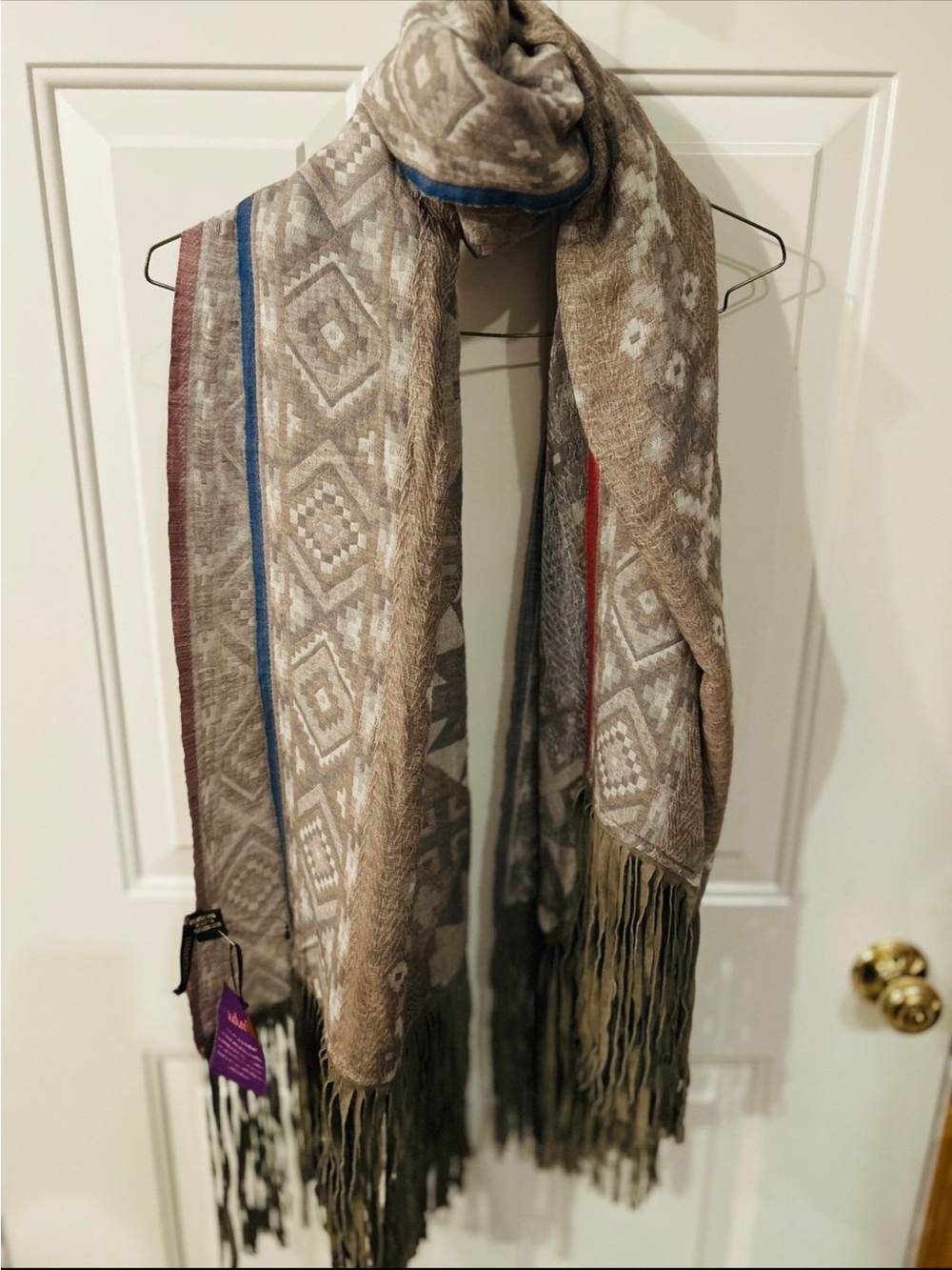Ahujasons Neutral Aztec Pattern Fringe Scarf Indian Scarf one of a kind